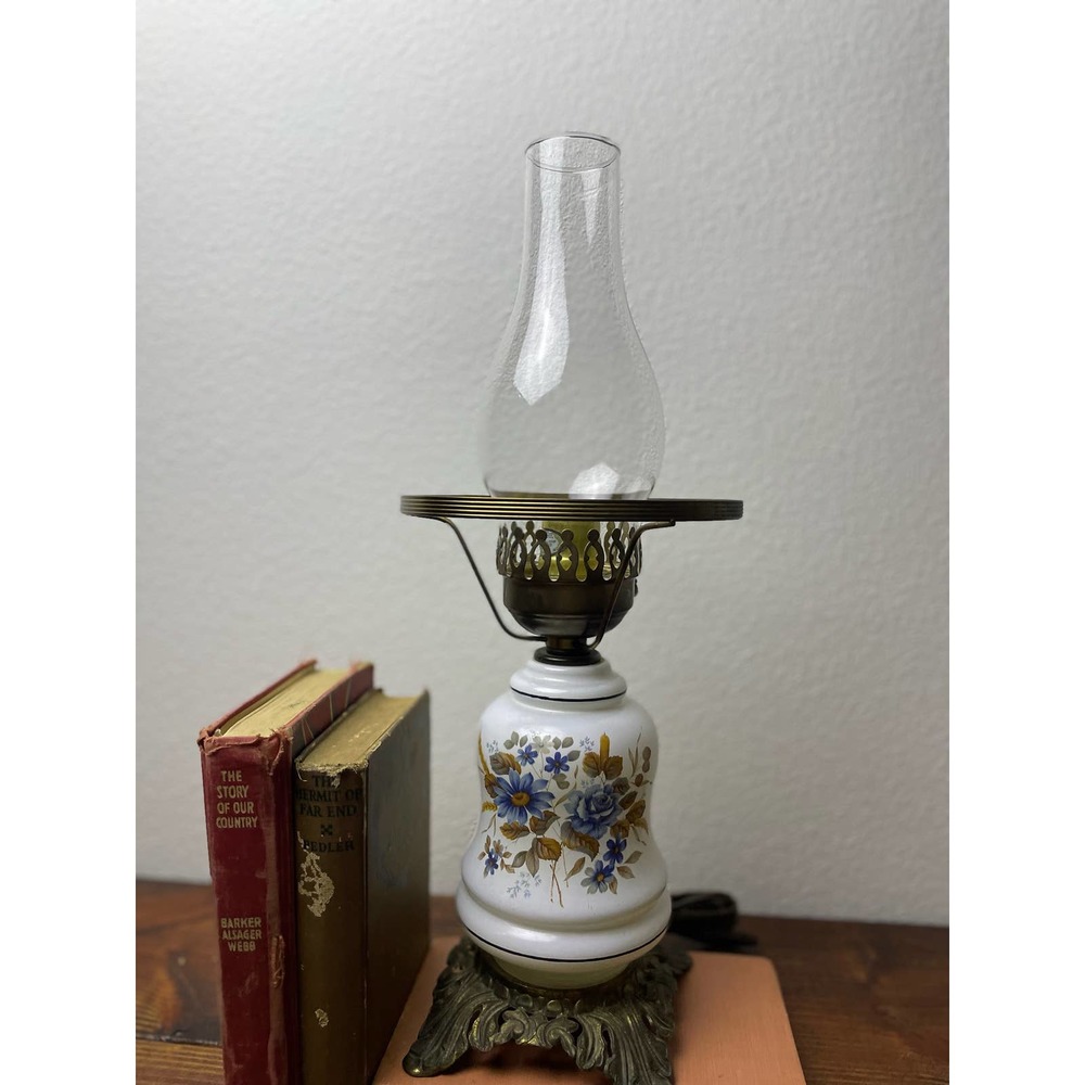 Vintage Hurricane Lamp Milk Glass With Flowers